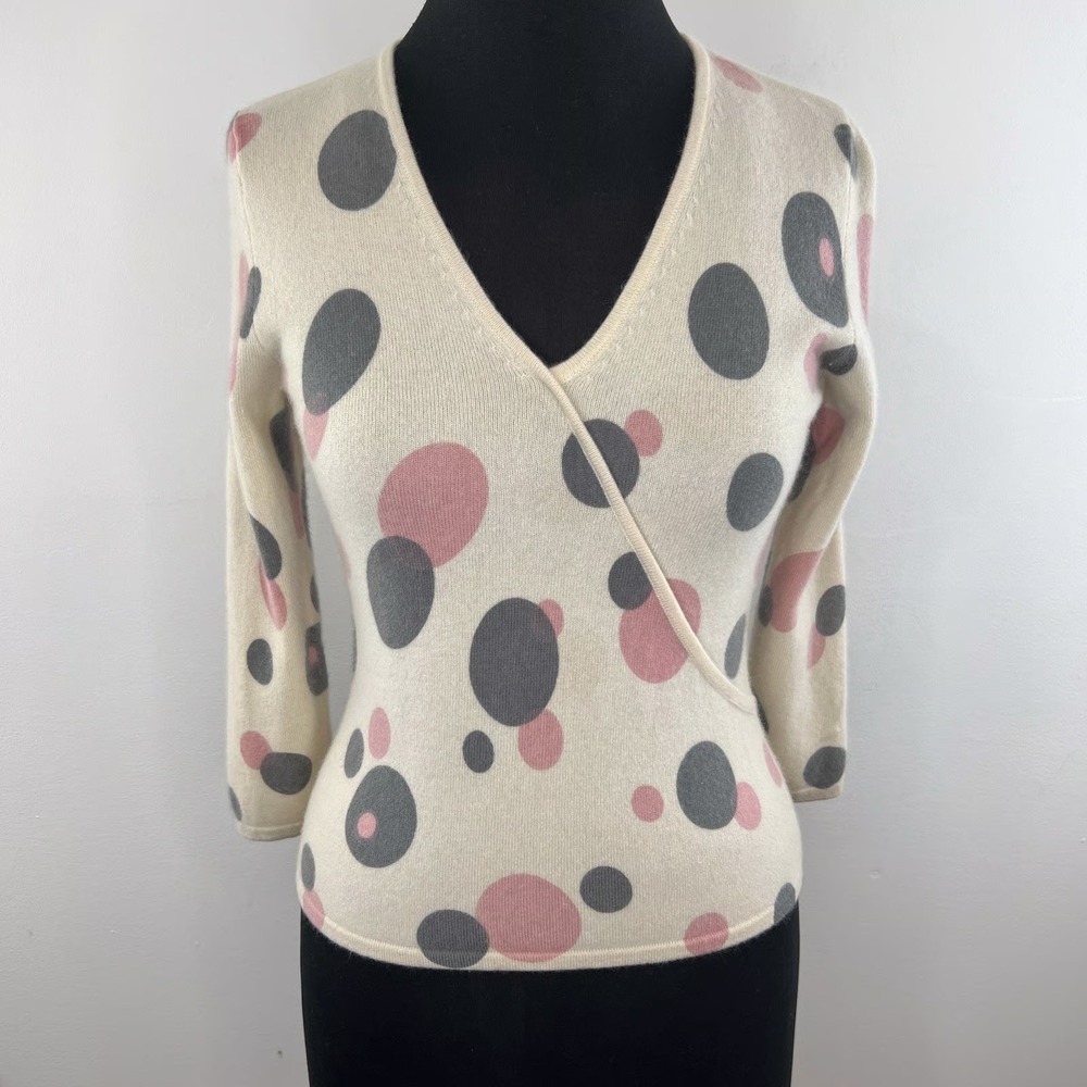 Grayson & Dunn 100% Cashmere Cream Gray Pink Polka Dot Sweater Petite Size PS